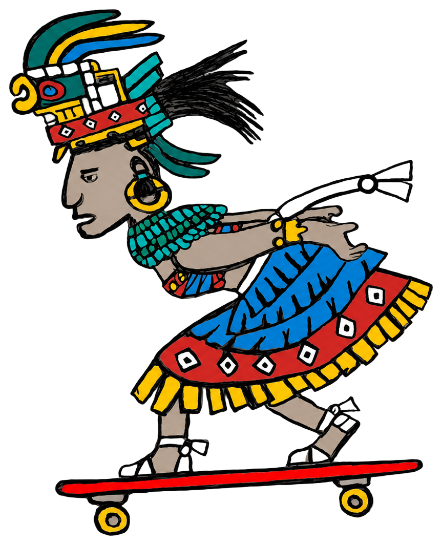Ixik, a Maya codex figure in blue and red regalia, hand-drawn riding a longboard