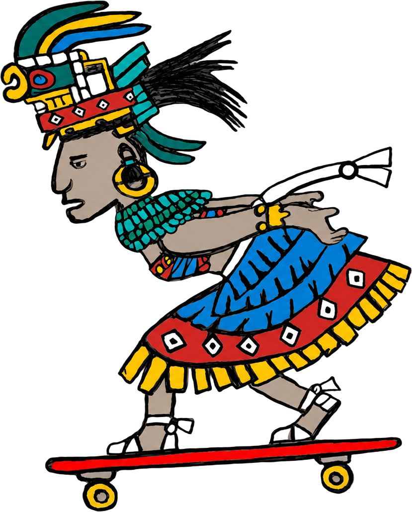 Ixik, a Maya codex figure in blue and red regalia, hand-drawn riding a longboard