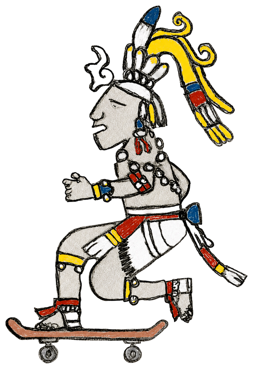 Maya, a Maya codex figure in a feathered headdress, hand-drawn riding a skateboard