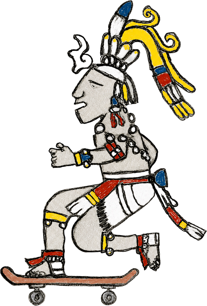Maya, a Maya codex figure in a feathered headdress, hand-drawn riding a skateboard